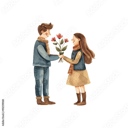 man holding flowers proposing to woman vector illustration in watercolor style