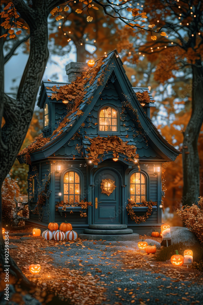 Charming Halloween house with glowing pumpkins and fairy lights Charming Halloween house with glowing pumpkins and fairy lights