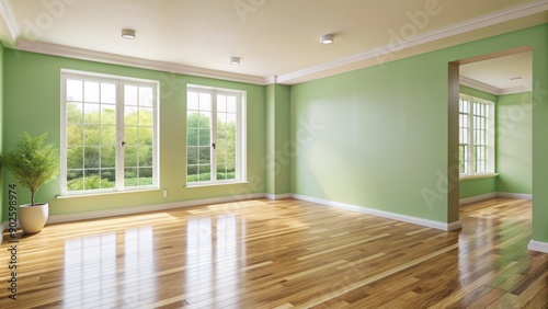 Empty room with pale green walls and light wood floor evoking a fresh and calming atmosphere. © Wanlop