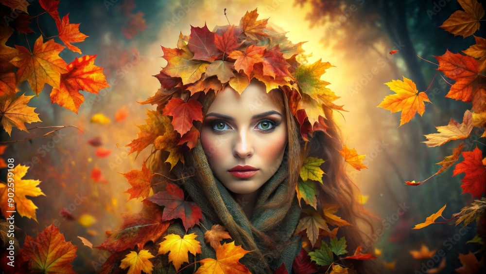 Serene portrait of a mysterious figure immersed in nature with hair covering face amidst vibrant autumn foliage and misty atmosphere. Serene portrait of a mysterious figure immersed in nature with hair covering face amidst vibrant autumn foliage and misty atmosphere.