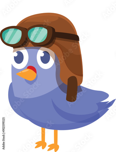 Cartoon blue bird wearing brown aviator helmet and goggles is looking up