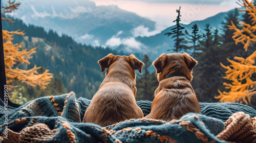 Two dogs sit together on a blanket in a car, looking out at a stunning mountain landscape, enjoying the scenic view.