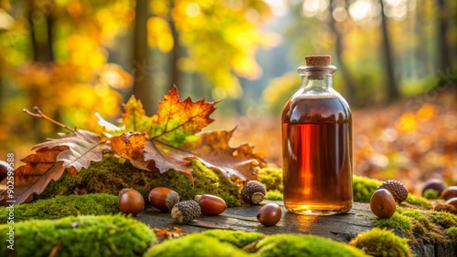 A syrup bottle surrounded by a scattering of acorns and oak leaves on a moss-covered forest floor against a blurred out autumnal woods background. photo