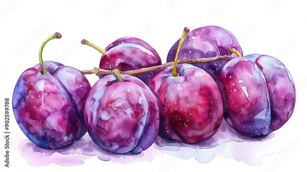 Obraz premium Watercolor illustration of a fresh bunch of plums, perfect pastel tone, whimsical style, high resolution, professional create, very detailed, high quality