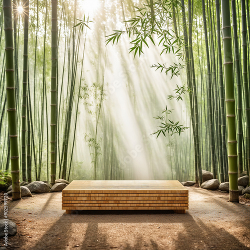product display podium out of bamboo, product stand with product presentation space in a misty bamboo forest, soft sunlight with light rays, ad, podium platform, product presentation space