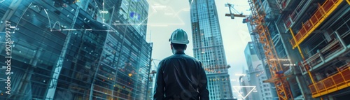 Construction worker looking at modern city skyline with digital overlay.