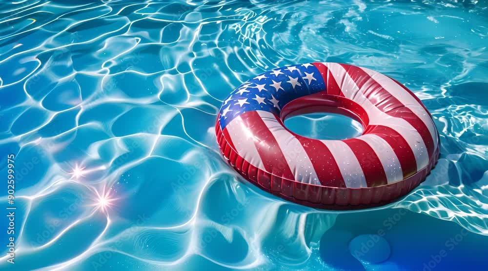 Inflatable pool ring with the American flag design, floating close-up in blue water, representing the joyous spirit of summer and the freedom of the season
