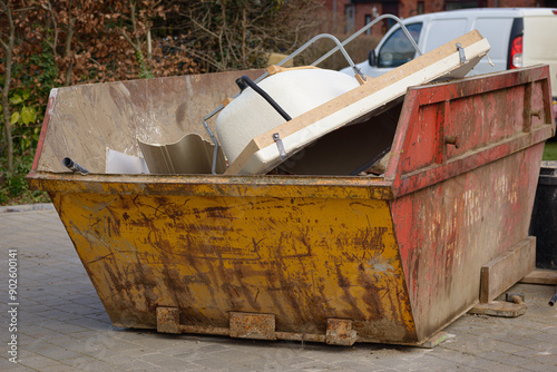Waste produced during a house renovation - bathroom fittings fill a skip or dumpster.
