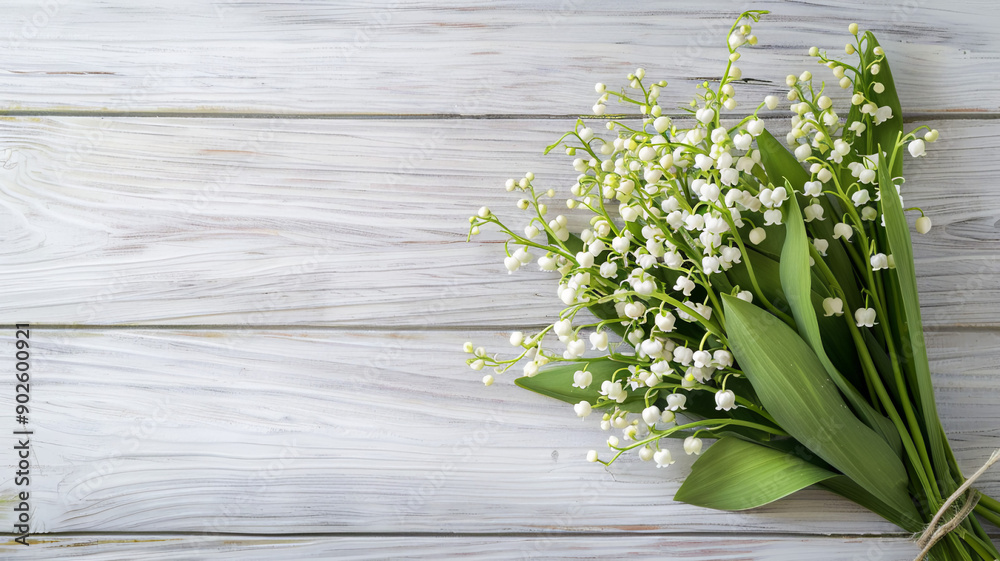 Obraz premium Beautiful spring background. A bouquet of blossom Lilies of the valley tied with twine on a light wooden background