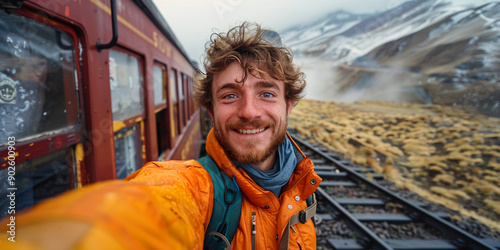 A man taking selfie in front of a train.