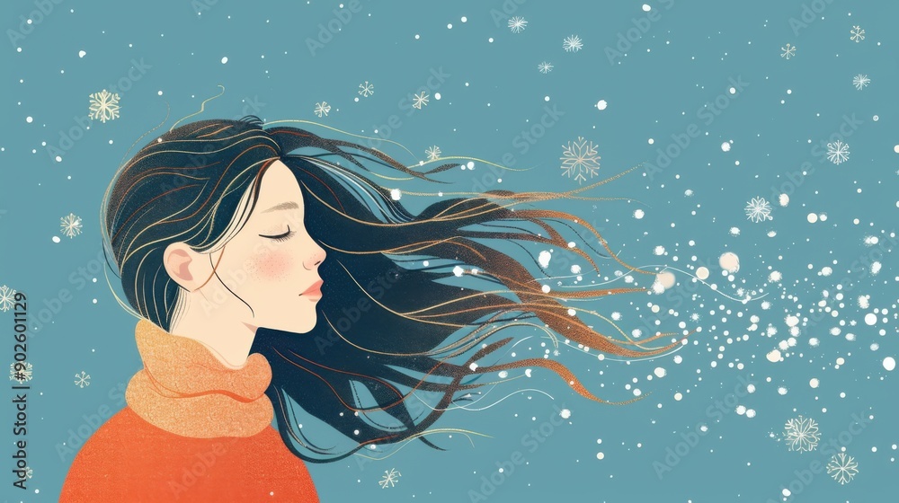 Chinese minimalism illustration, silhouette portrait of a woman with wavy hair, flat illustration Chinese figure illustration on frosty blue background, snowflakes., boho woman Chinese minimalism illustration, silhouette portrait of a woman with wavy hair, flat illustration Chinese figure illustration on frosty blue background, snowflakes., boho woman