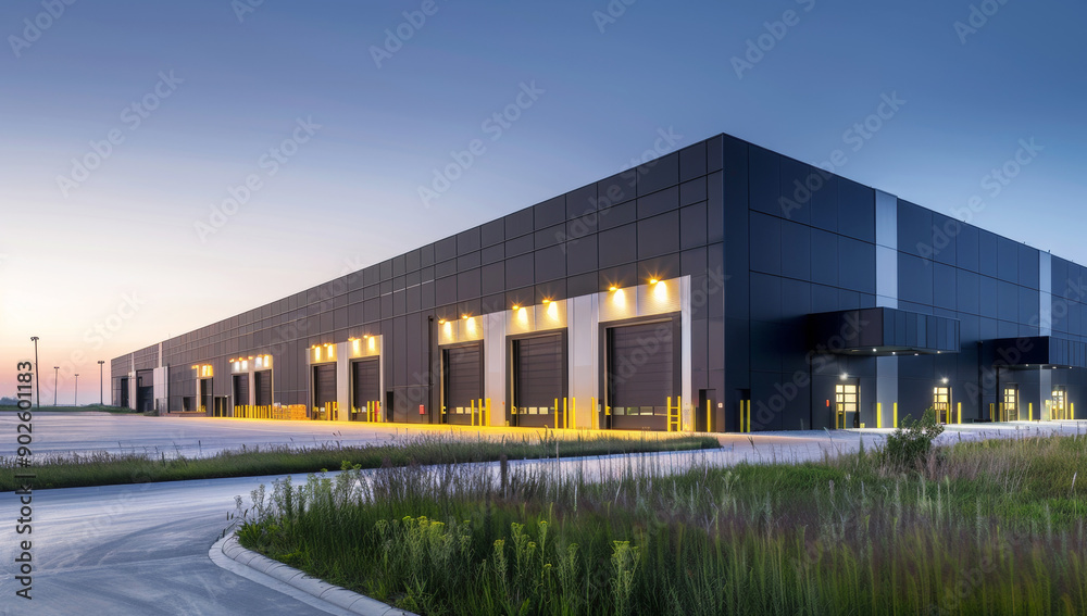 Obraz premium Large modern warehouse with multiple loading docks and garage doors at sunset