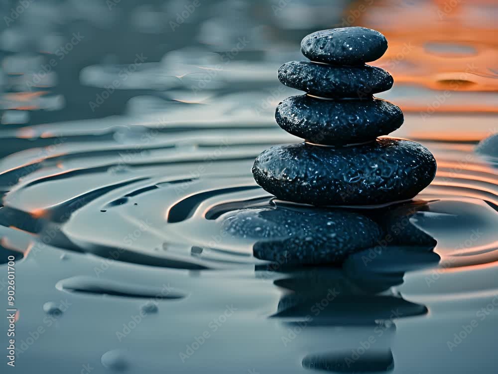 Photo of black pebbles stacked on top of each other in the water. Photo of black pebbles stacked on top of each other in the water.