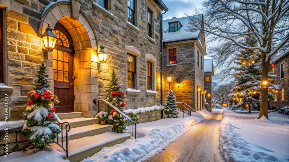 Snowy winter sidewalk leading to a historic stone building with festive holiday decorations. Snowy winter sidewalk leading to a historic stone building with festive holiday decorations.