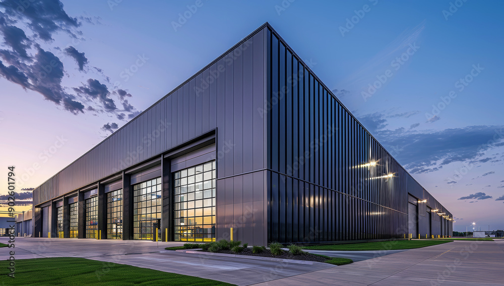 Modern warehouse with large steel doors and a sleek exterior at sunset Modern warehouse with large steel doors and a sleek exterior at sunset