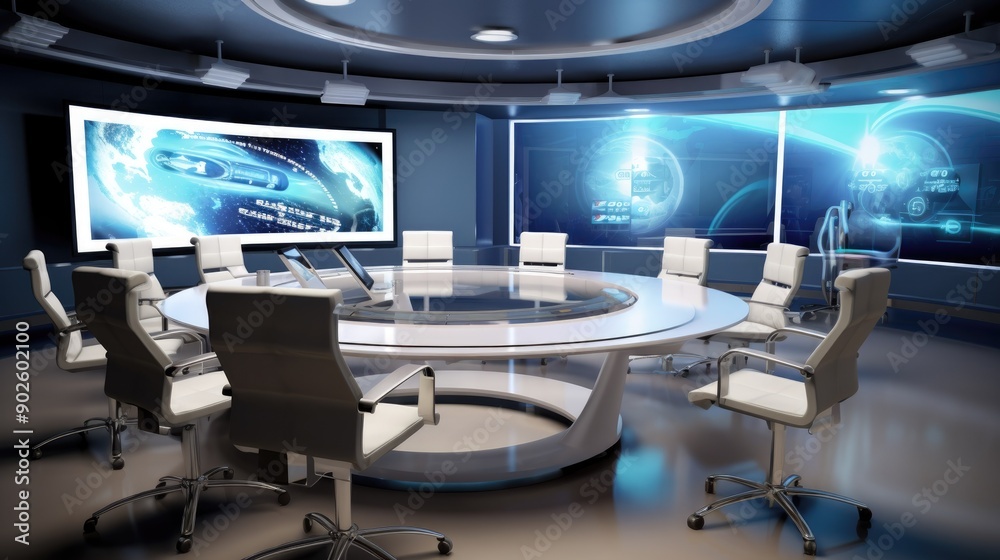 High-tech meeting room with a projector and empty ergonomic chairs High-tech meeting room with a projector and empty ergonomic chairs