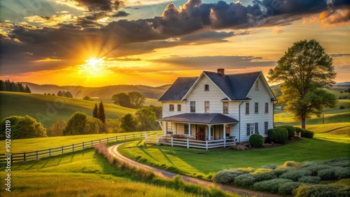 Peaceful country farmhouse surrounded by rolling hills and golden sunset evoking family comfort and simplicity. photo