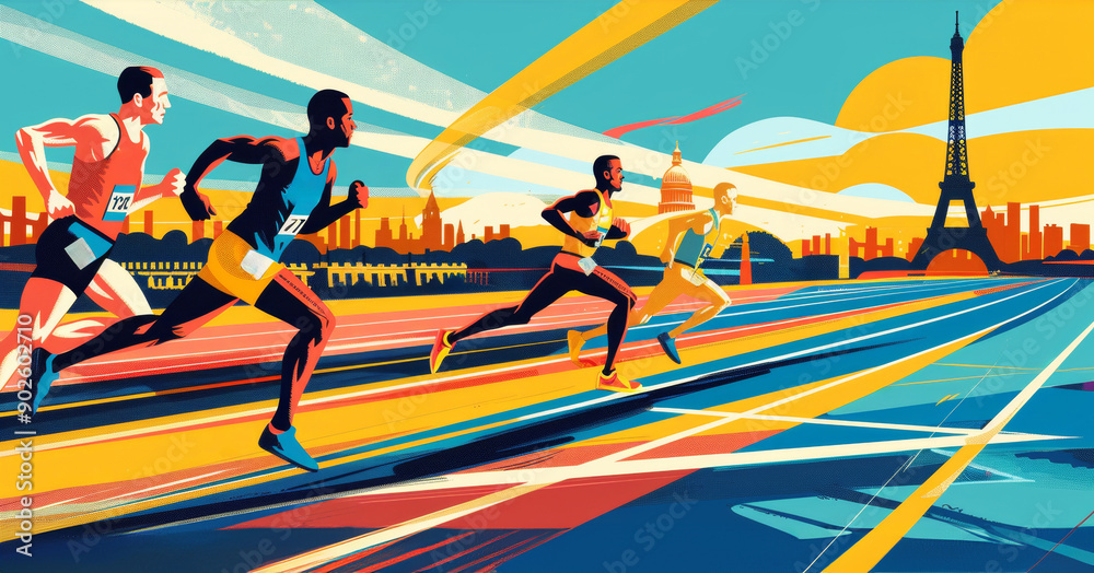 Fototapeta premium Stylized graphic illustration of athletes racing in competition with Paris landmarks