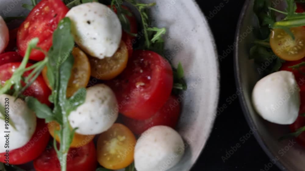 top view of a ceramic bowl of tomato and cheese salad top view of a ceramic bowl of tomato and cheese salad