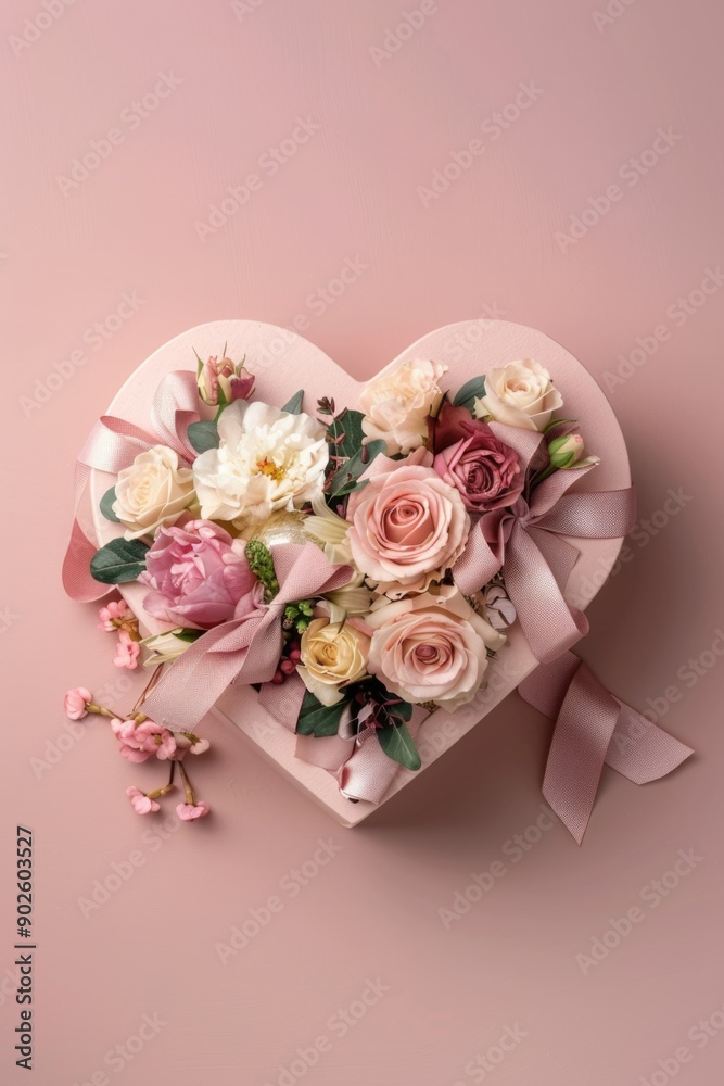 A heart-shaped box filled with pink flowers and a pink ribbon. The flowers are arranged in a way that they look like they are blooming, and the ribbon adds a touch of elegance to the arrangement A heart-shaped box filled with pink flowers and a pink ribbon. The flowers are arranged in a way that they look like they are blooming, and the ribbon adds a touch of elegance to the arrangement
