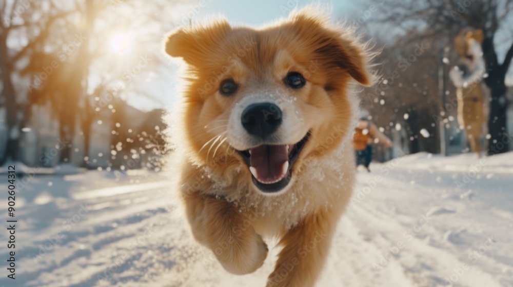 A dog is running in the snow with its tongue out. The dog is happy and enjoying the cold weather