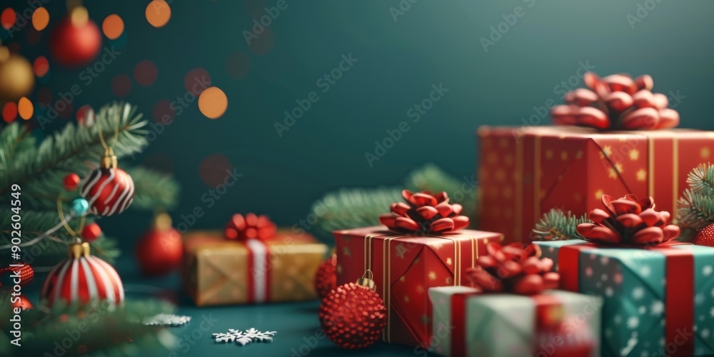 Beautiful 3D render of a Christmas scene with gift boxes, pinecones, and festive decorations Beautiful 3D render of a Christmas scene with gift boxes, pinecones, and festive decorations