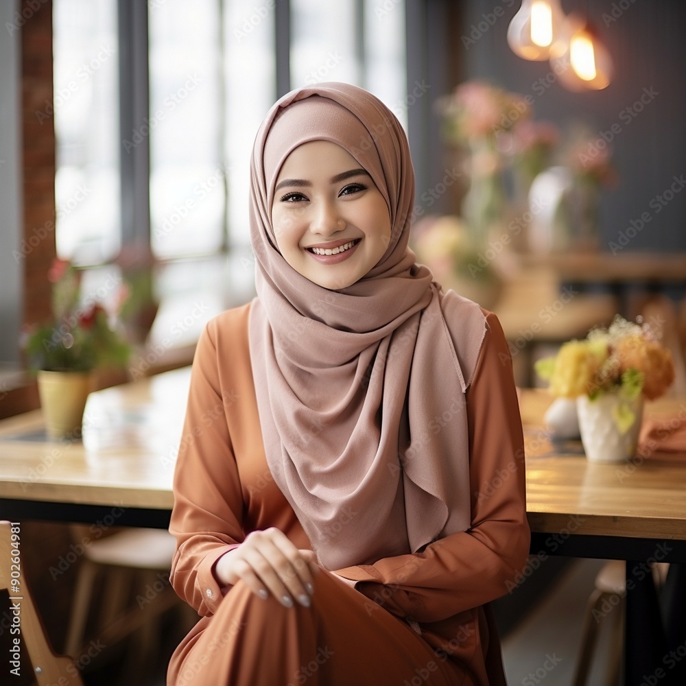 Young happy and successful South East Asian Islamic business woman with arms crossed in business corporate building setting looks at camera Young happy and successful South East Asian Islamic business woman with arms crossed in business corporate building setting looks at camera