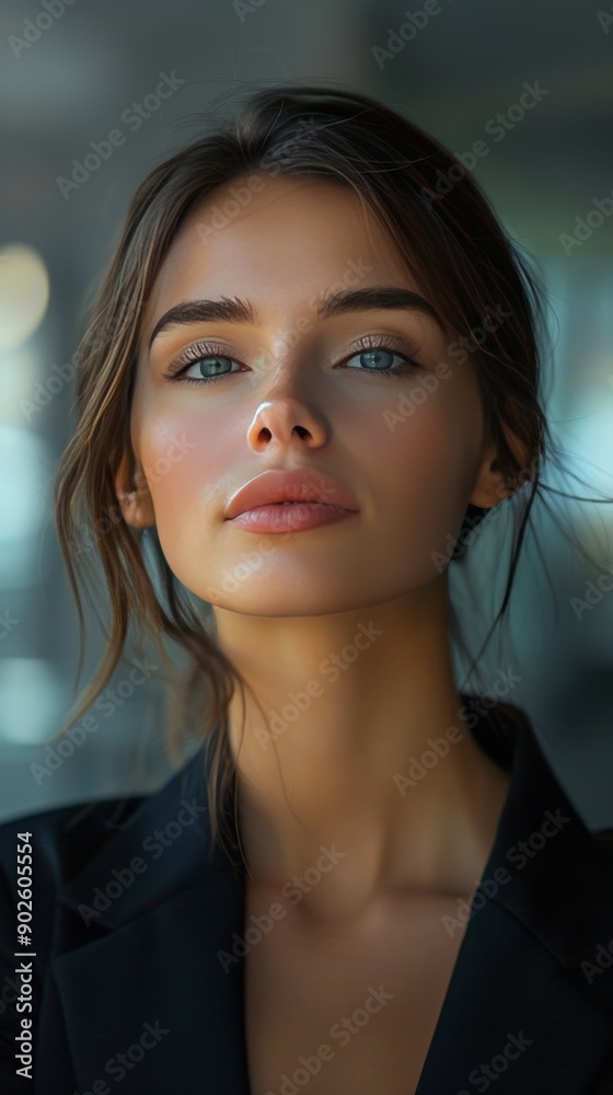 A woman with long brown hair and blue eyes is wearing a black jacket A woman with long brown hair and blue eyes is wearing a black jacket