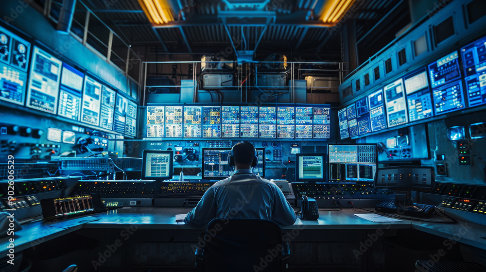 Focused operator monitoring screens in a high-tech control room Focused operator monitoring screens in a high-tech control room