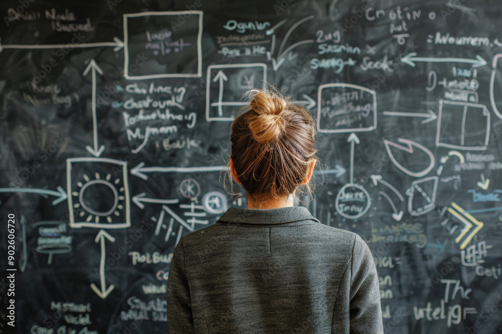 Person analyzing complex flowchart on a chalkboard Person analyzing complex flowchart on a chalkboard