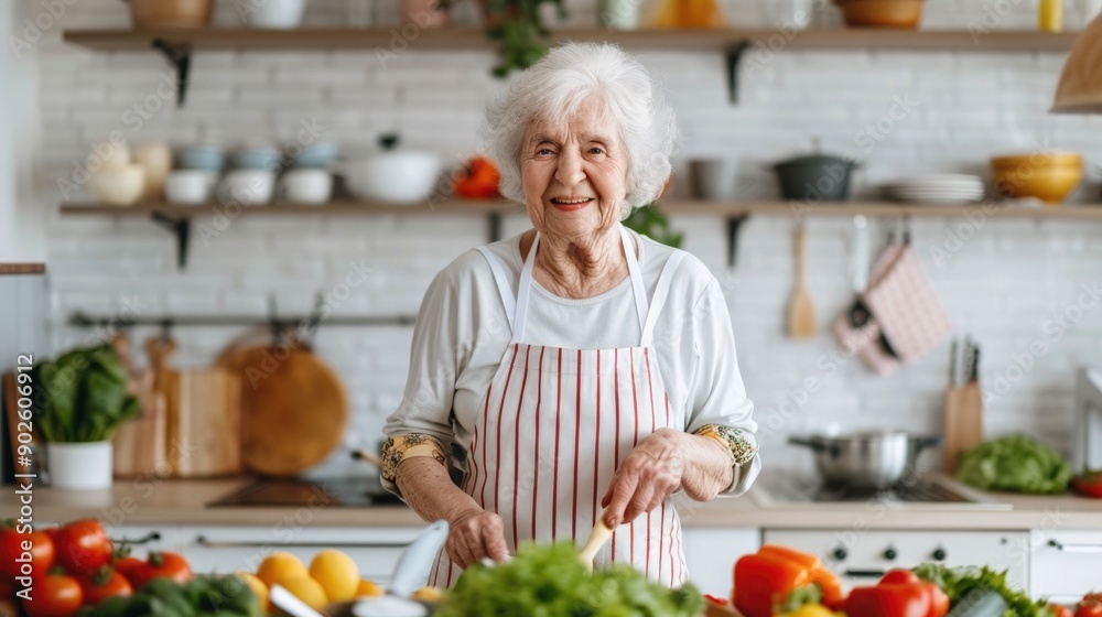 Elderly woman with a warm smile enjoying cooking hobby in her well equipped kitchen with a variety of fresh ingredients and cooking utensils on shelves Elderly woman with a warm smile enjoying cooking hobby in her well equipped kitchen with a variety of fresh ingredients and cooking utensils on shelves