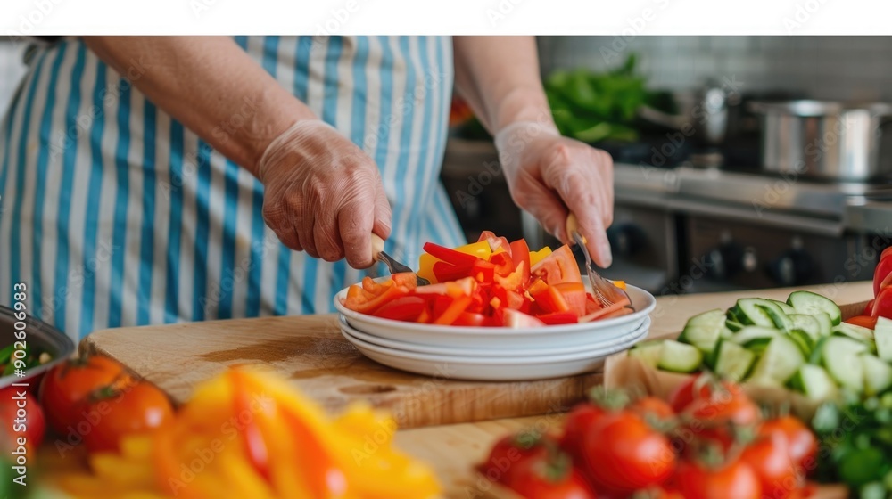 Hands of senior preparing a healthy meal using specially designed ergonomic kitchen tools and utensils with a deep depth of field blurring the background for focus on the task at hand Hands of senior preparing a healthy meal using specially designed ergonomic kitchen tools and utensils with a deep depth of field blurring the background for focus on the task at hand