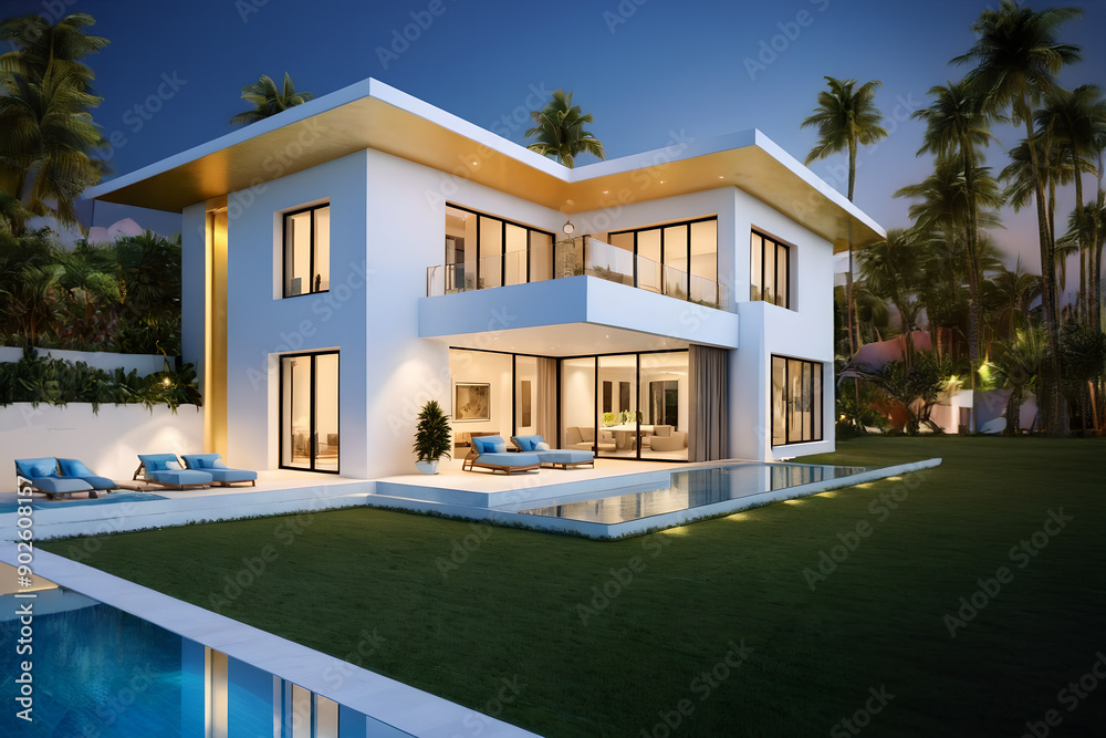 Modern Tropical Villa with Pool at Dusk.Generative Ai Modern Tropical Villa with Pool at Dusk.Generative Ai