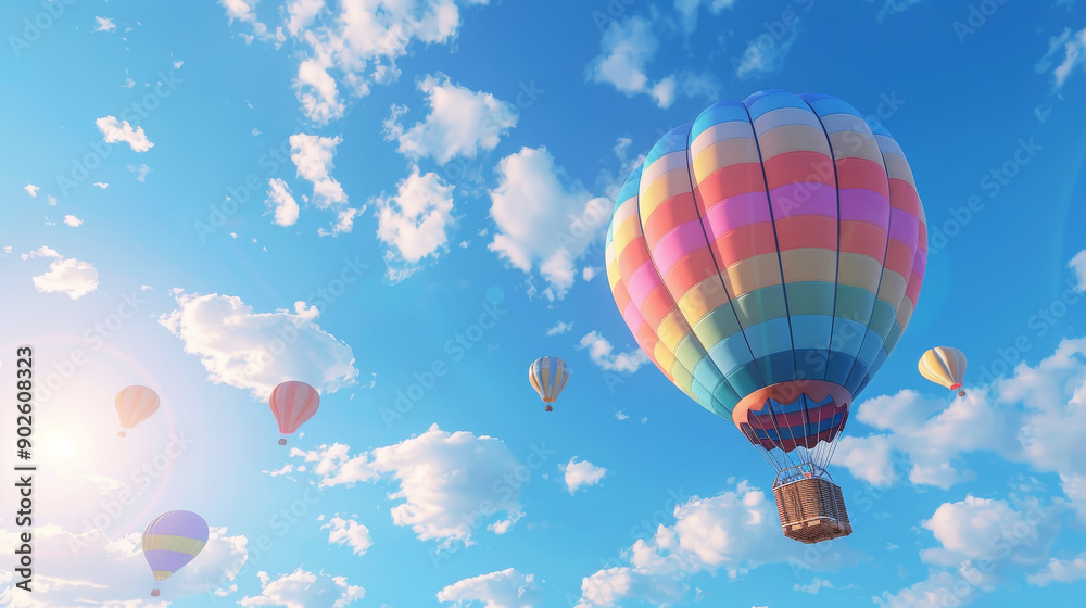 Colorful hot air balloons soaring in a bright blue sky with sunlight