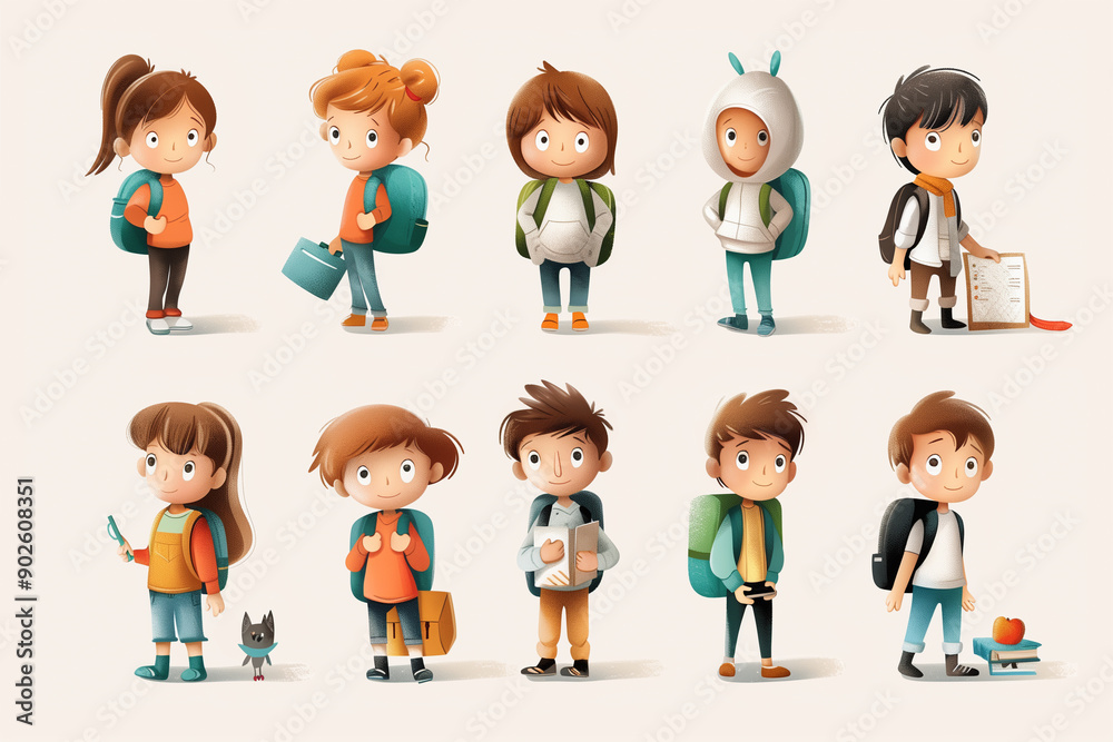 set of animated characters with a school backpacks on a white background, back to school concept set of animated characters with a school backpacks on a white background, back to school concept