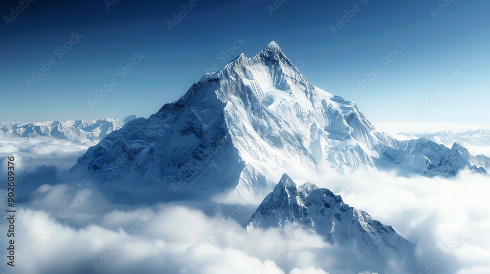 Majestic snowcovered mountain peak rising above the clouds bright clear sky capturing the grandeur and isolation Majestic snowcovered mountain peak rising above the clouds bright clear sky capturing the grandeur and isolation