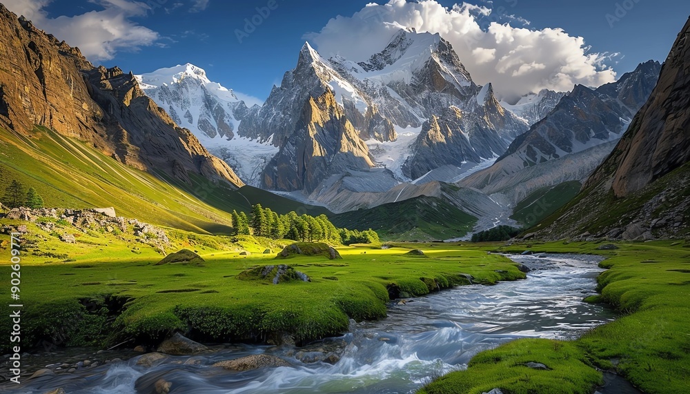 Serene alpine valley with a flowing river lush green meadows and towering snowcapped mountains golden hour lighting Serene alpine valley with a flowing river lush green meadows and towering snowcapped mountains golden hour lighting