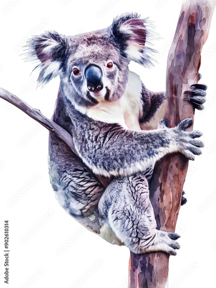 Obraz premium A koala is sitting on a tree branch. The koala is looking at the camera. The image has a calm and peaceful mood