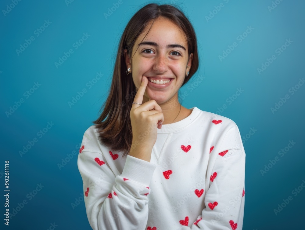Fototapeta premium Young girl smiling with her finger on her chin, looking to the camera, blue background, wearing a white sweat with a bunch of small red hearts
