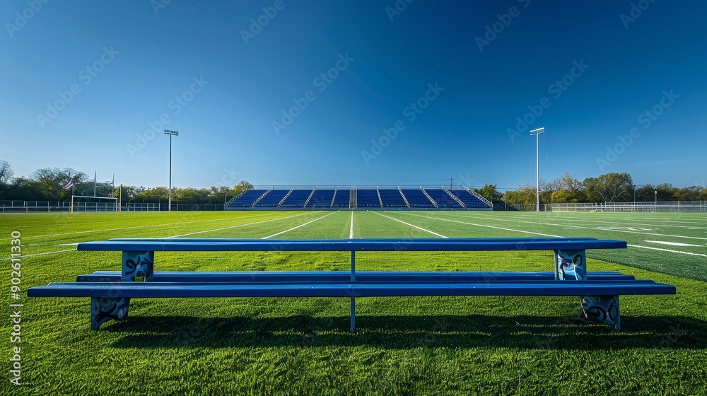 Sunny Day at an Empty Sports Field with Green Grass and Blue and White Bleachers Under Clear Skies Captured in High Resolution Sunny Day at an Empty Sports Field with Green Grass and Blue and White Bleachers Under Clear Skies Captured in High Resolution