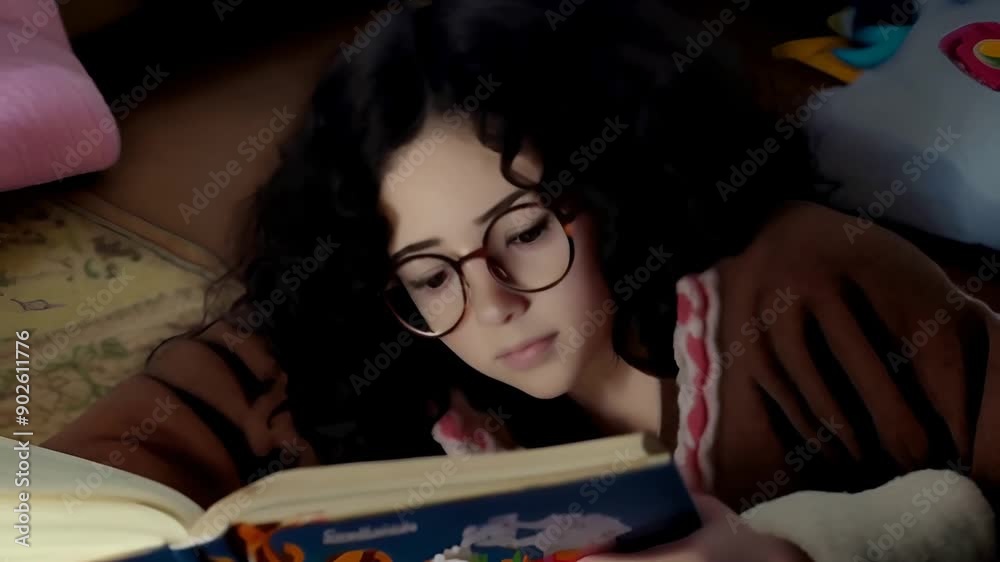 A young girl reading a book, deeply immersed in her story. A young girl reading a book, deeply immersed in her story.