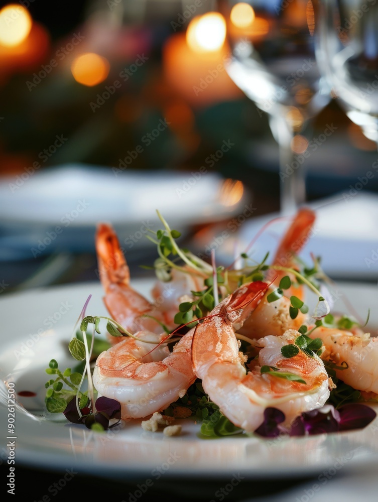 A plate of shrimp with a garnish of green vegetables. The shrimp is served on a white plate and is accompanied by a glass of wine. Scene is elegant and sophisticated A plate of shrimp with a garnish of green vegetables. The shrimp is served on a white plate and is accompanied by a glass of wine. Scene is elegant and sophisticated