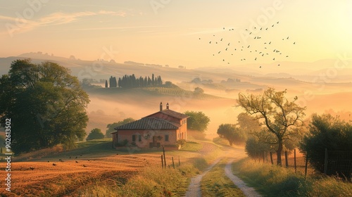 A romantic estate at sunrise, with light fog on the ground and birds flying in the sky, captured at 8K resolution