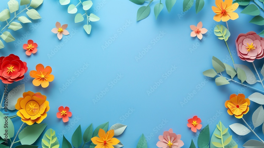 colored paper cut flowers with green leaves at the top perspective, set against a blue background with copy space, Generative AI. colored paper cut flowers with green leaves at the top perspective, set against a blue background with copy space, Generative AI.