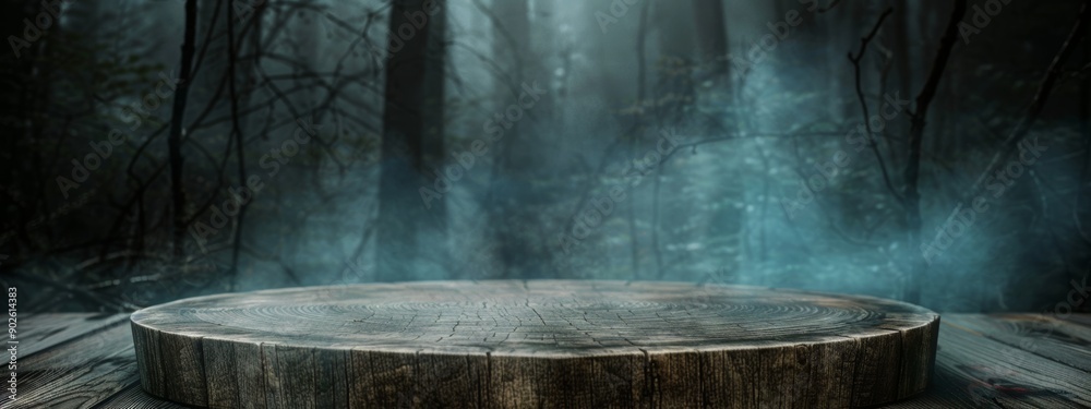 Pedestal Platform display with podium background. Blank Exhibition stage empty product presentation. Tree stump wooden table top with forest background mockup rustic round log covered in mist Pedestal Platform display with podium background. Blank Exhibition stage empty product presentation. Tree stump wooden table top with forest background mockup rustic round log covered in mist