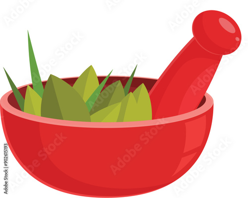 Red mortar and pestle crushing herbs, symbolizing traditional medicine practices and natural remedies