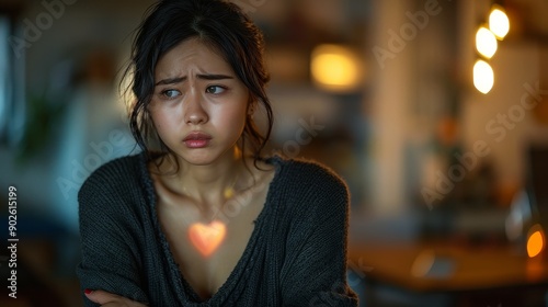 Wallpaper Mural The character's face shows pain, hands covering their chest, furrowed brows, tightly closed lips, warm toned ambient light, high fidelity details, and realistic skin rendering Torontodigital.ca