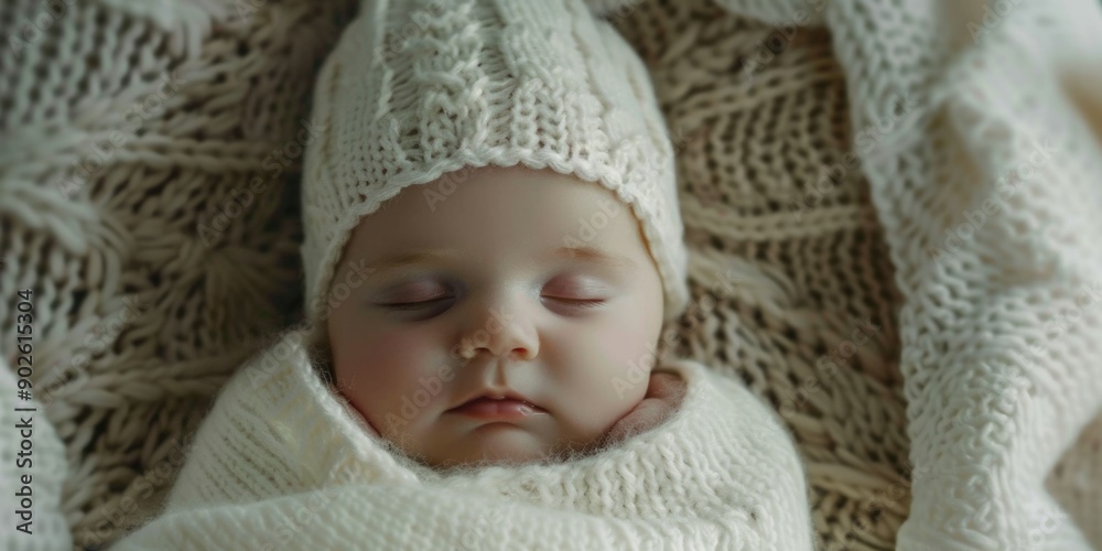 A baby is sleeping in a white blanket with a knitted hat on A baby is sleeping in a white blanket with a knitted hat on