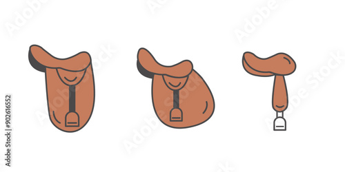 Horse Saddle Set Icons. Western, Dressage, Jumping Equipment. Flat Outline Colored Vector Illustrations for Equestrian Sports, Riding Gear and Outdoor Adventures.