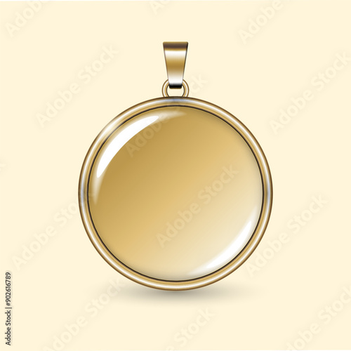 Golden circle locket pendant with clear glass dome mockup. Gold round necklace resin pendant. Gold glass ball ornament. Realistic vector illustration.
